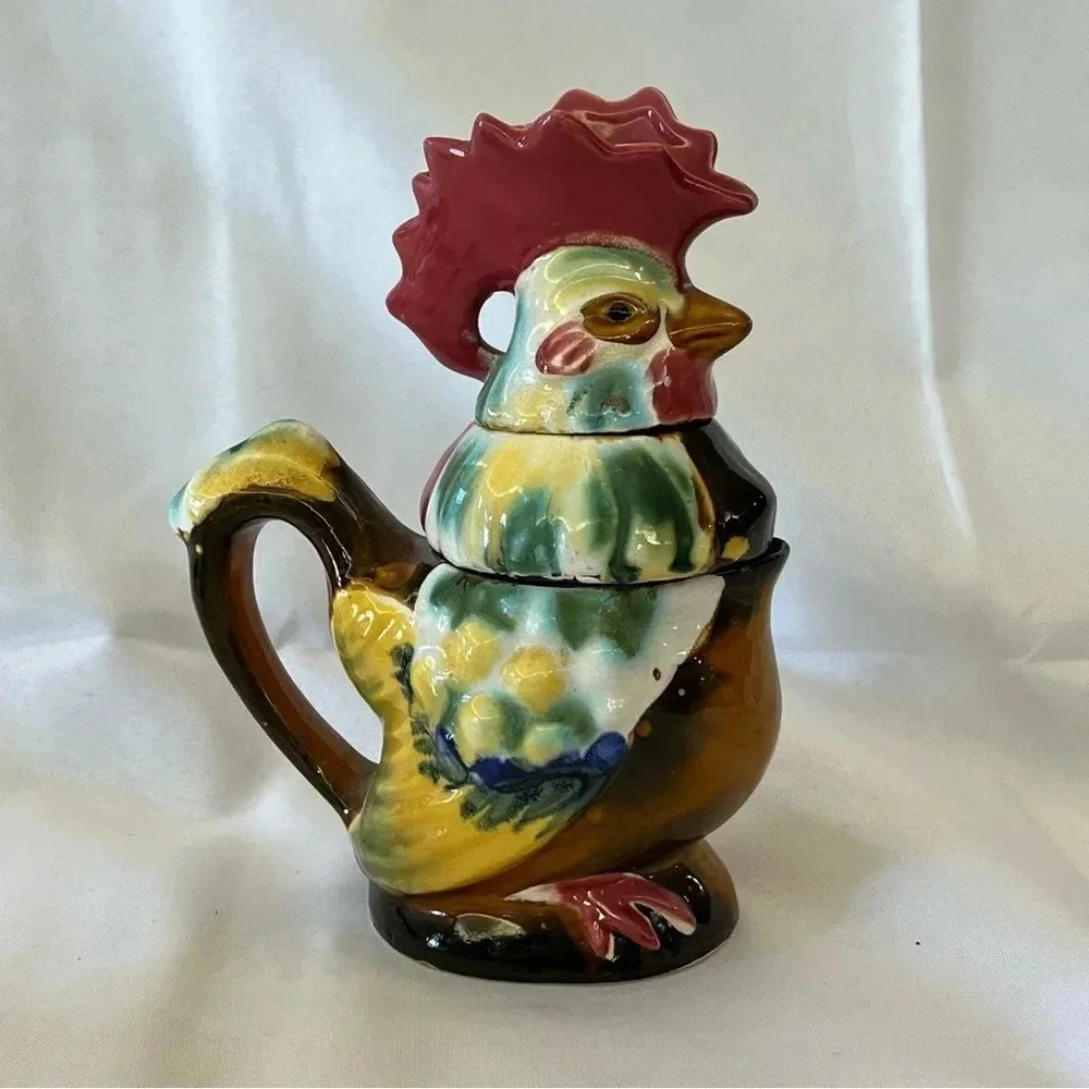 Vintage Japanese Stacking Rooster Tea Set Majolica
